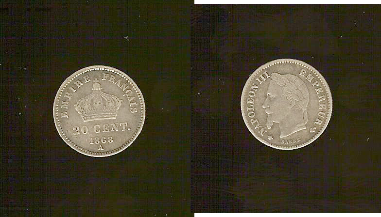 20 centimes Napoléon III, tête laurée, petit module 1868 Paris T